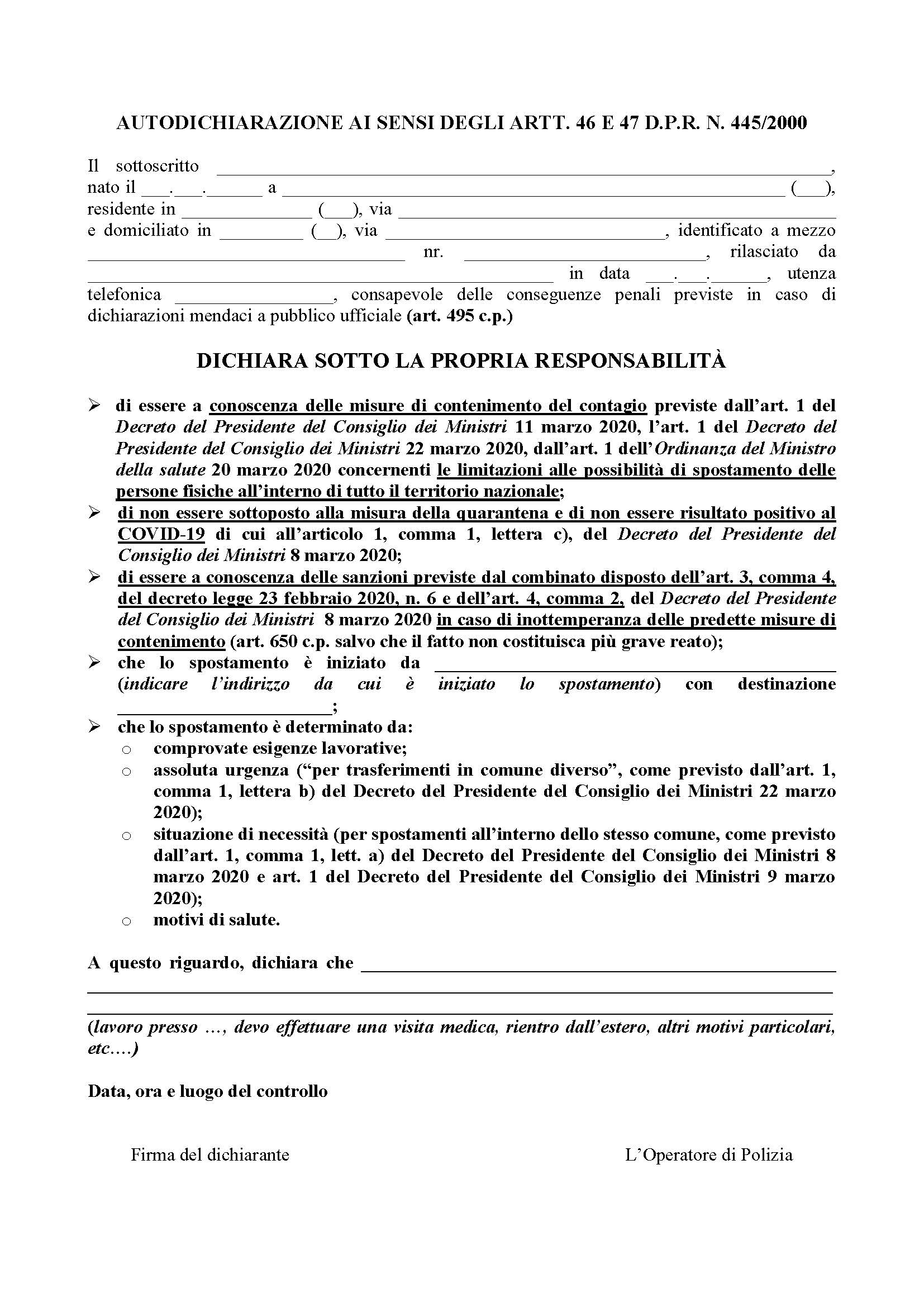 Nuovo modello di autodichiarazione